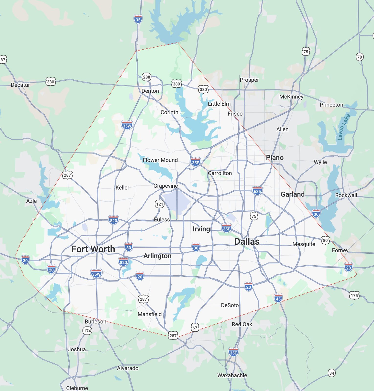 Map of the DFW Metroplex fence installation service area covered by Smith Fencing and Construction
